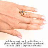 Inel din Argint 925 placat cu Aur de 18K cu Kianit Albastru, Cuart Roz si Piatra Lunii 3.68gr M 52/6- Armonie Interioara, Claritate si Deschidere Emotionala