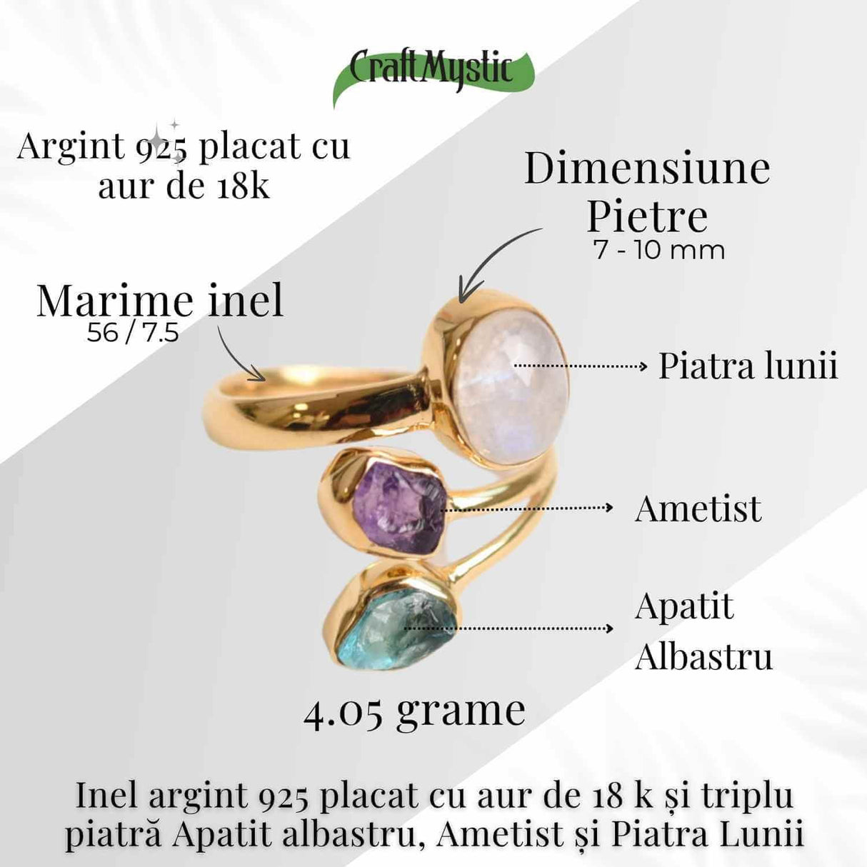 Inel din Argint 925 placat cu Aur de 18K cu Piatra Lunii, Ametist si Apatit Albastru 4.05 gr, M56 / 7.5- Intuitie, Liniste Interioara si Claritate Mentala