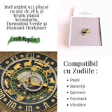 Inel din Argint 925 placat cu Aur de 18K cu Acvamarin, Diamant Herkimer si Turmalina Verde 3.92 gr M55 / 7- Claritate, Vitalitate si Protectie Energetica