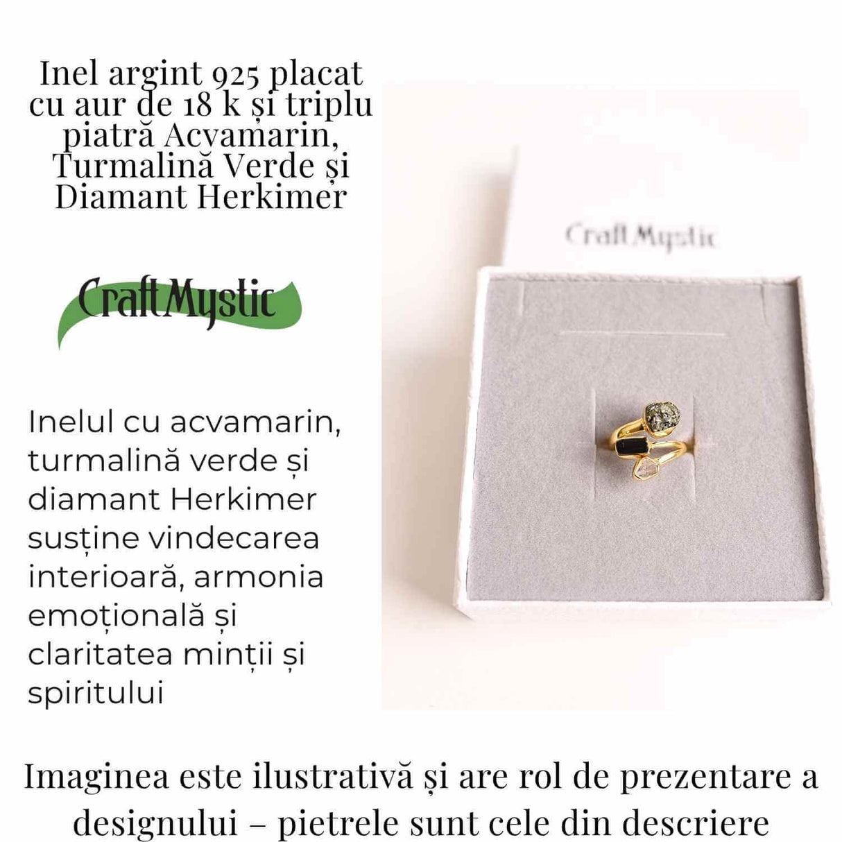 Inel din Argint 925 placat cu Aur de 18K cu Acvamarin, Diamant Herkimer si Turmalina Verde 3.92 gr M55 / 7- Claritate, Vitalitate si Protectie Energetica
