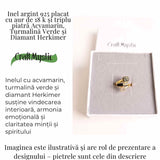 Inel din Argint 925 placat cu Aur de 18K cu Acvamarin, Diamant Herkimer si Turmalina Verde 3.92 gr M55 / 7- Claritate, Vitalitate si Protectie Energetica