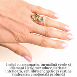 Inel din Argint 925 placat cu Aur de 18K cu Acvamarin, Diamant Herkimer si Turmalina Verde 3.92 gr M55 / 7- Claritate, Vitalitate si Protectie Energetica