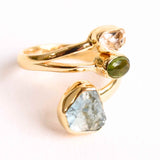 Inel din Argint 925 placat cu Aur de 18K cu Acvamarin, Diamant Herkimer si Turmalina Verde 3.92 gr M55 / 7- Claritate, Vitalitate si Protectie Energetica
