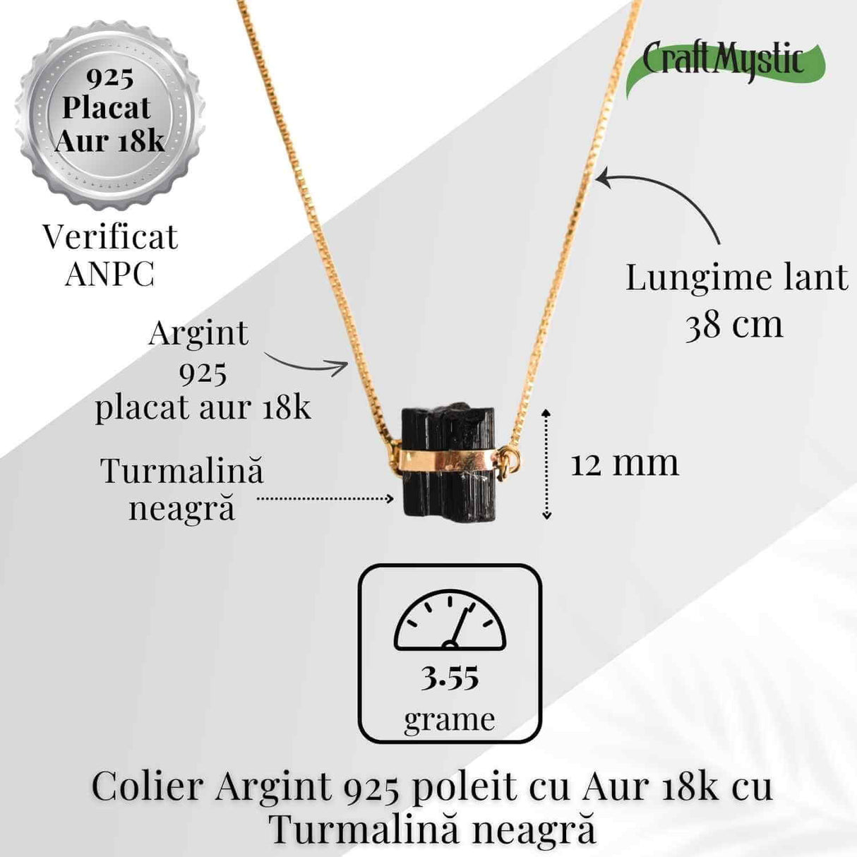 Colier Brut cu Turmalina din Argint 925 Placat cu Aur 18K - Protectie Energetica si Echilibru Emotional
