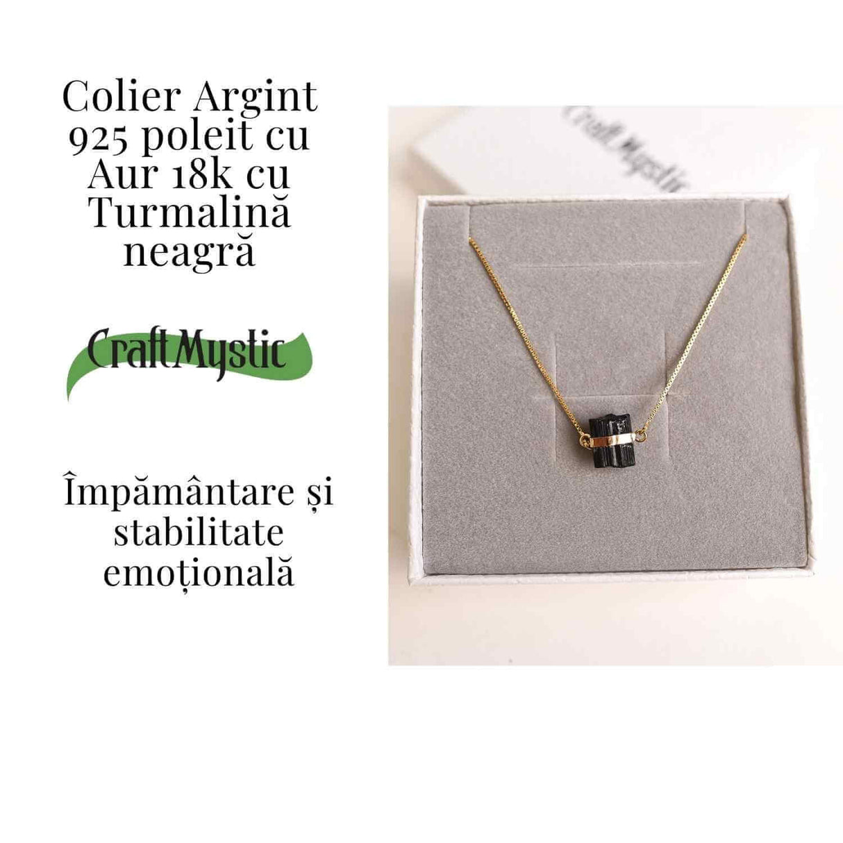 Colier Brut cu Turmalina din Argint 925 Placat cu Aur 18K - Protectie Energetica si Echilibru Emotional