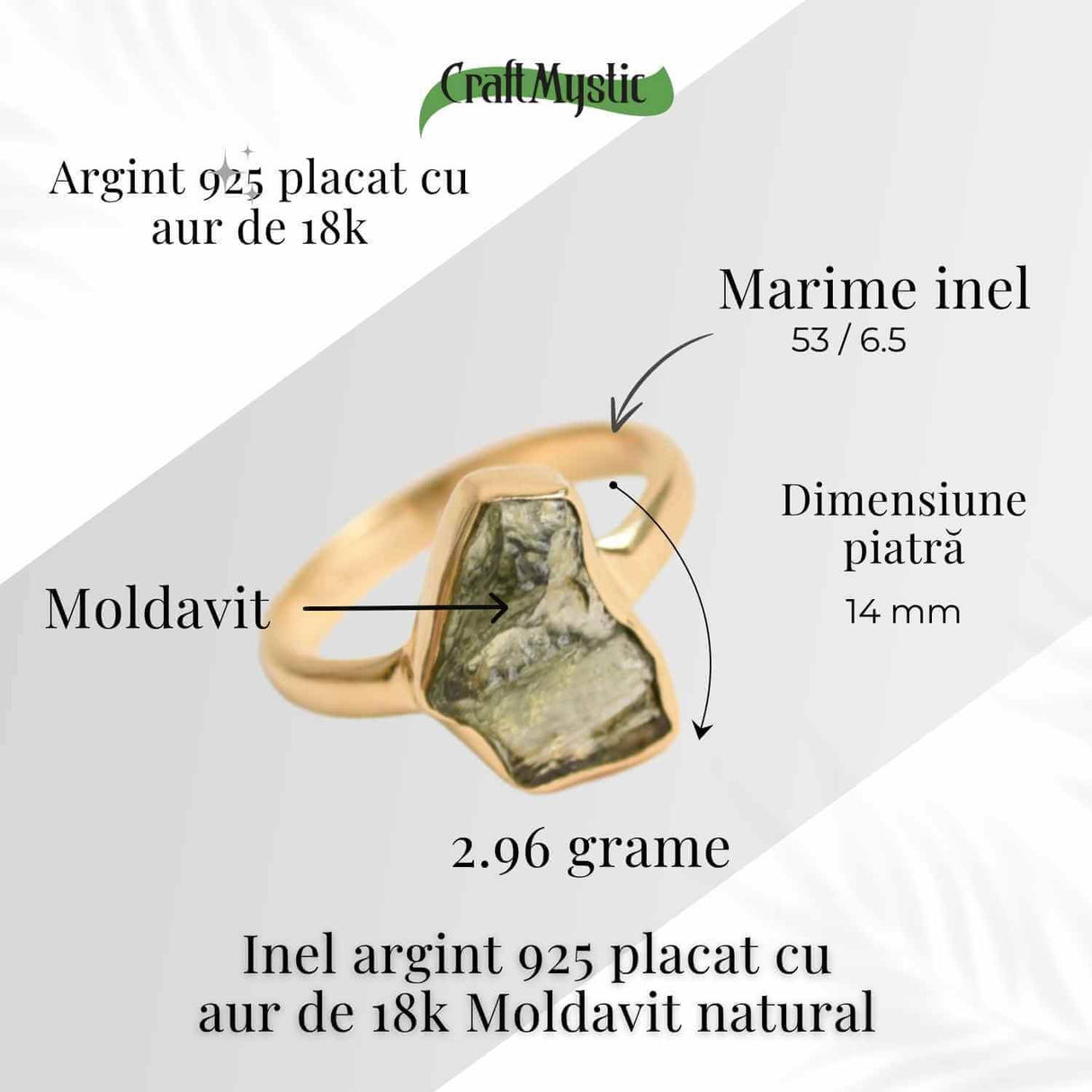 Inel cu Moldavit si montura argint 925 placat cu Aur 18K 2.96 gr Marime 53 (EU) / 6.5 (US) - Deschide-ti Drumul Schimbarii Interioare,