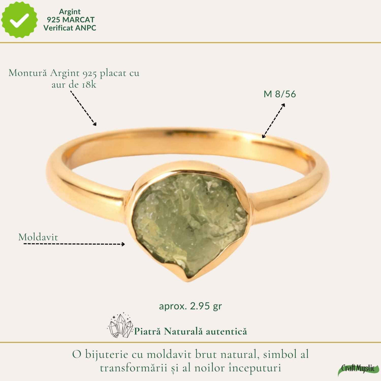Inel Argint 925 Placat cu Aur 18K cu Moldavit Natural M8/56 – Energie si Transformare Spirituala