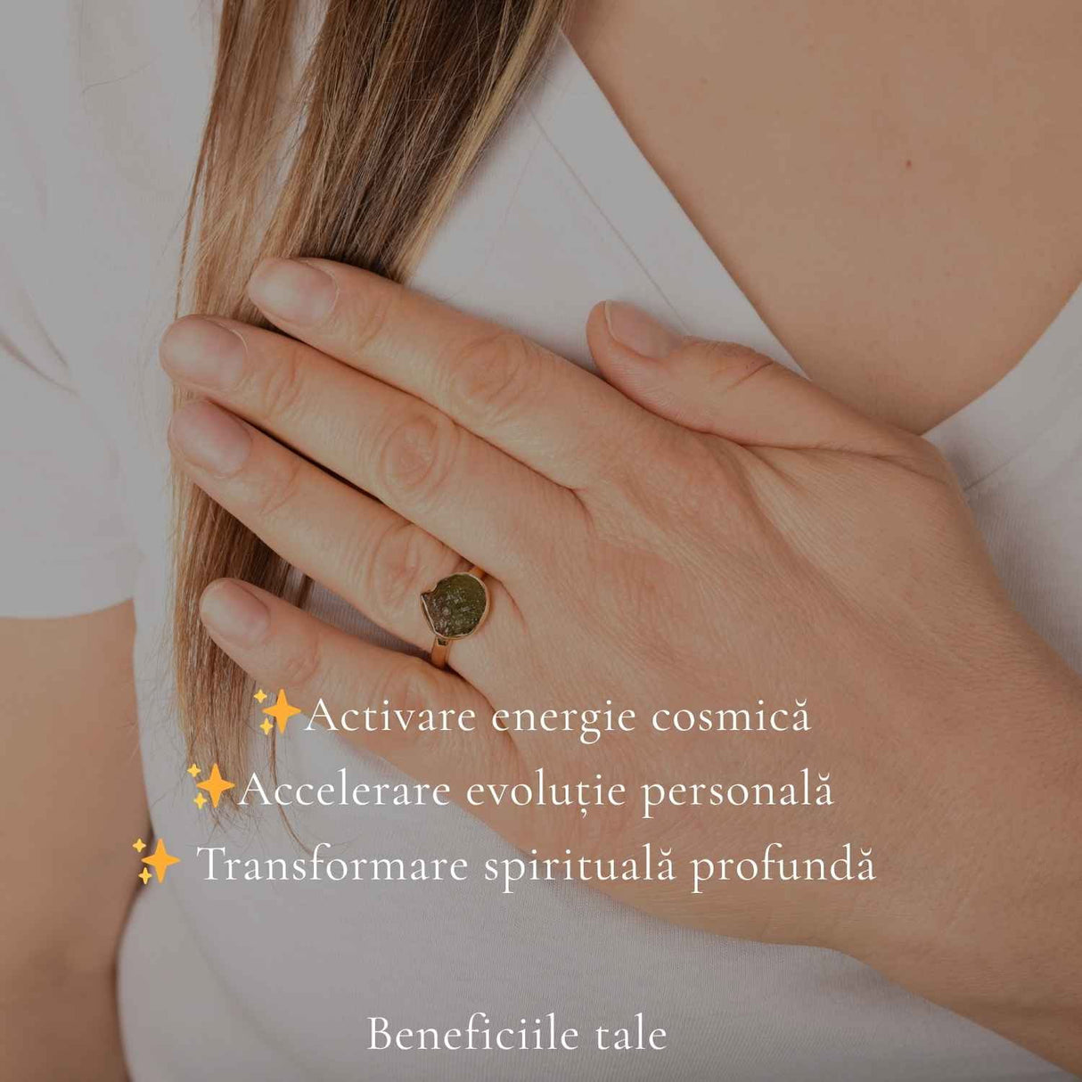 Inel Argint 925 Placat cu Aur 18K cu Moldavit Natural M8/56 – Energie si Transformare Spirituala