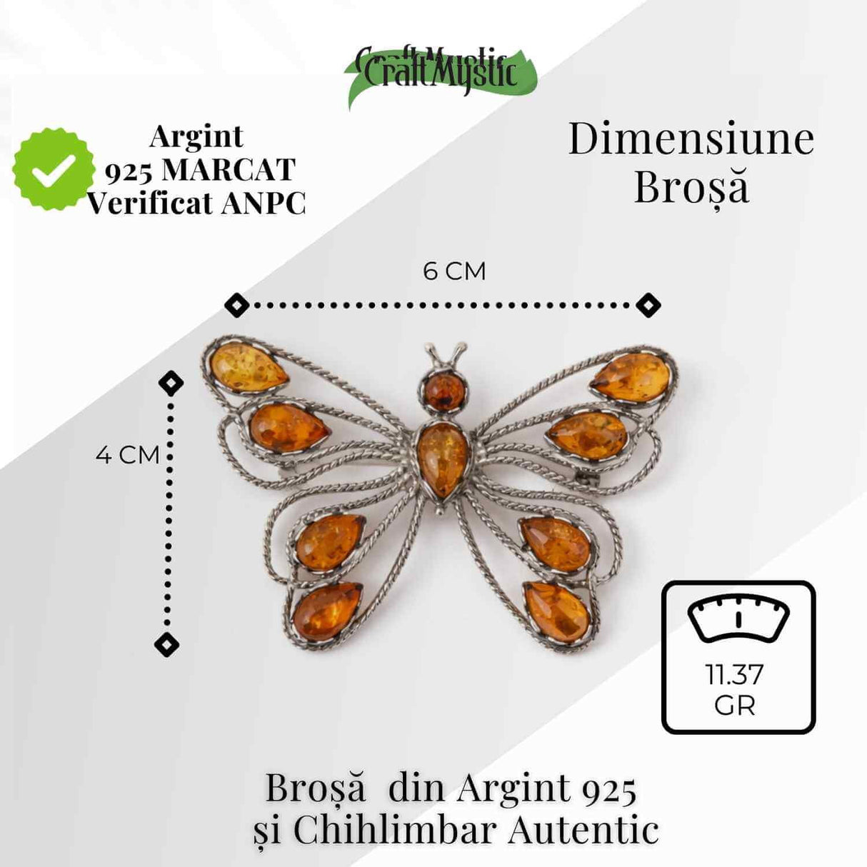Brosa din chihlimbar forma de fluture si argint 925 - adauga caldura si rafinament tinutei tale