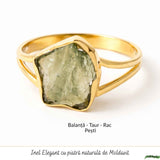 Inel cu Moldavit Natural si Argint 925 Placat cu Aur 18K, M8.5/58- Trezire Spirituala