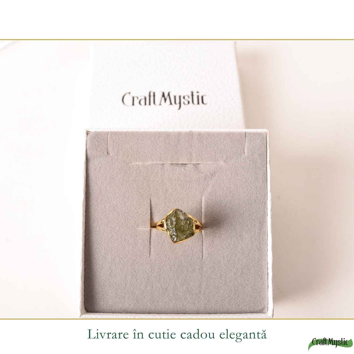 Inel elegant cu Moldavit Brut – Argint 925 Placat Aur 18K, M9.5/61- Protectie si Crestere Interioara