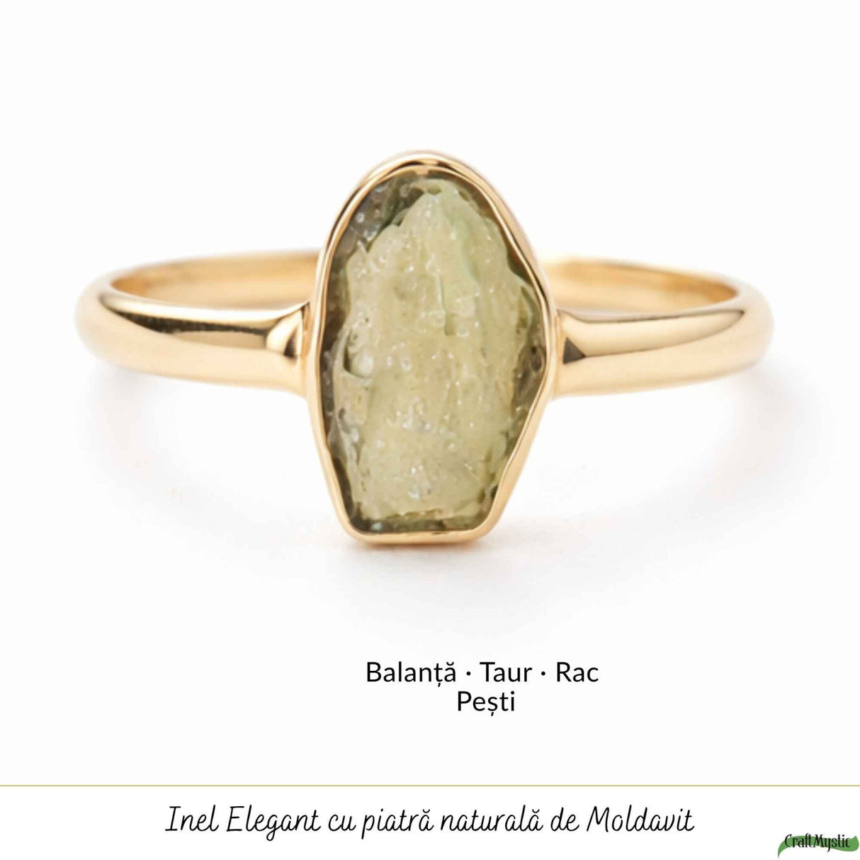 Inel argint 925 placat cu aur de 18k si moldavit natural brut, M7/54 – transformare profunda si energie autentica