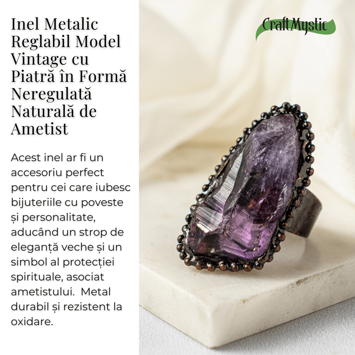 Inel Reglabil Vintage cu Ametist Natural - Claritate si Echilibru