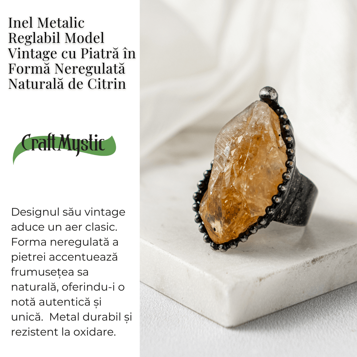 Inel Reglabil Vintage cu Citrin Natural - Abundenta si Energie Pozitiva