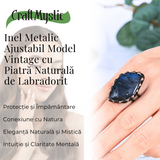 Inel vintage ajustabil cu Labradorit natural forma neregulata, pentru protectie si intuitie