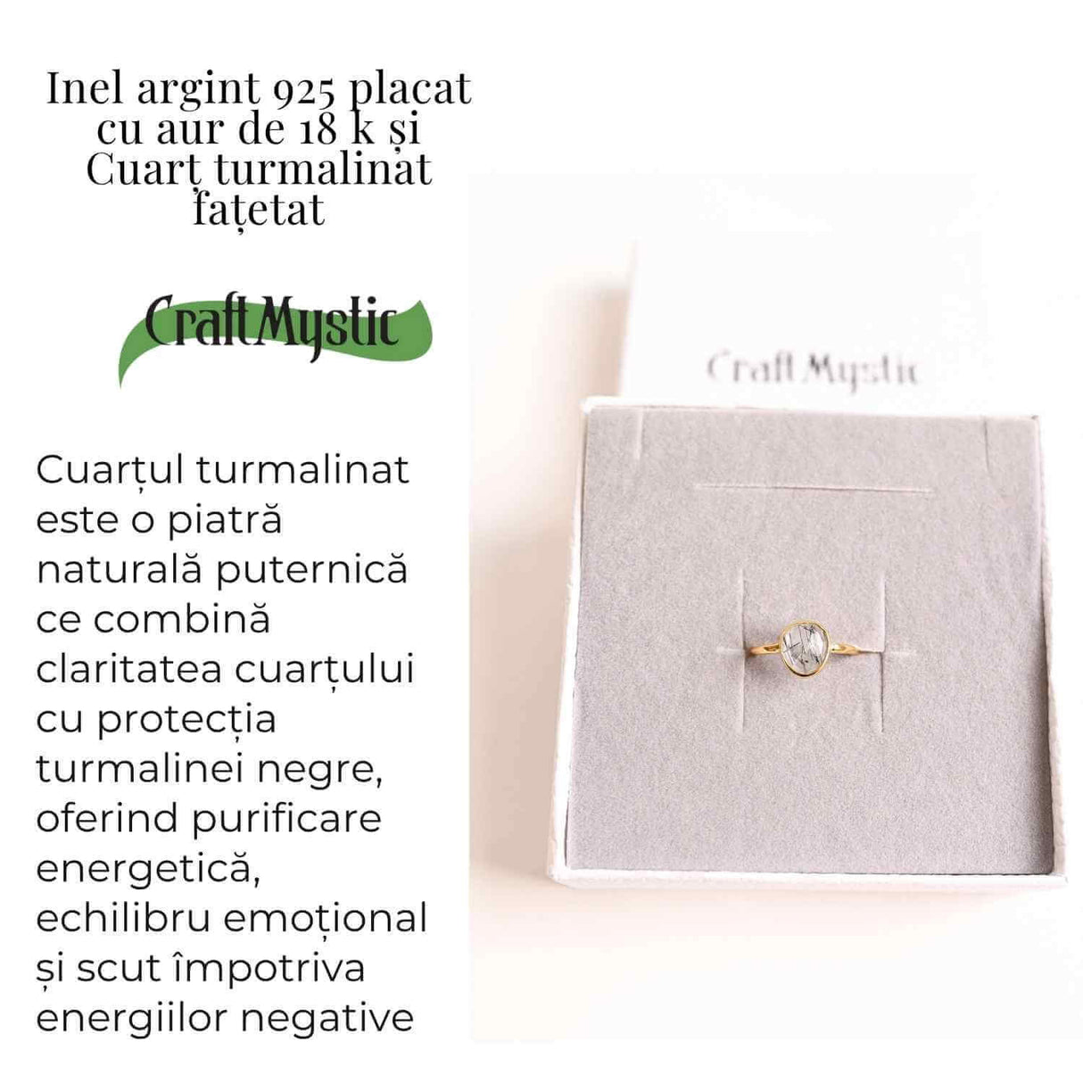 Inel cu Cuart Turmalina Fatetat din Argint 925 placat cu Aur de 18K 1.68 gr M58.5/8.5- Protectie Energetica si Claritate Interioara