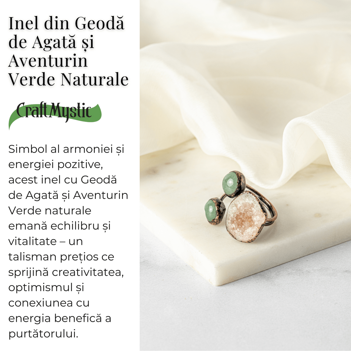 Inel din Geoda de Agata si Aventurin Verde Natural - Armonie si Vitalitate Interioara