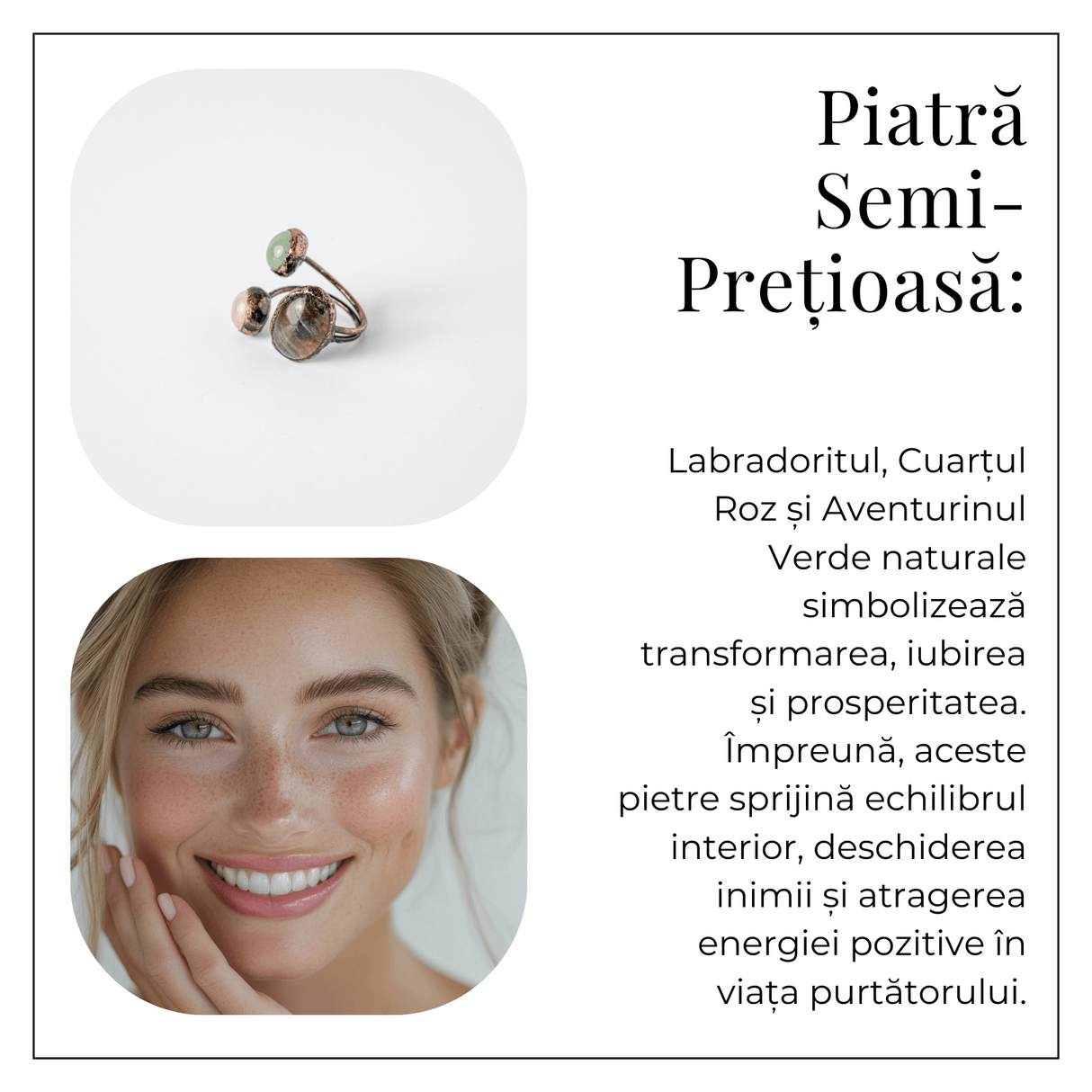 Inel reglabil din cupru cu Labradorit, Cuart Roz si Aventurin Verde natural - Armonie, iubire si prosperitate