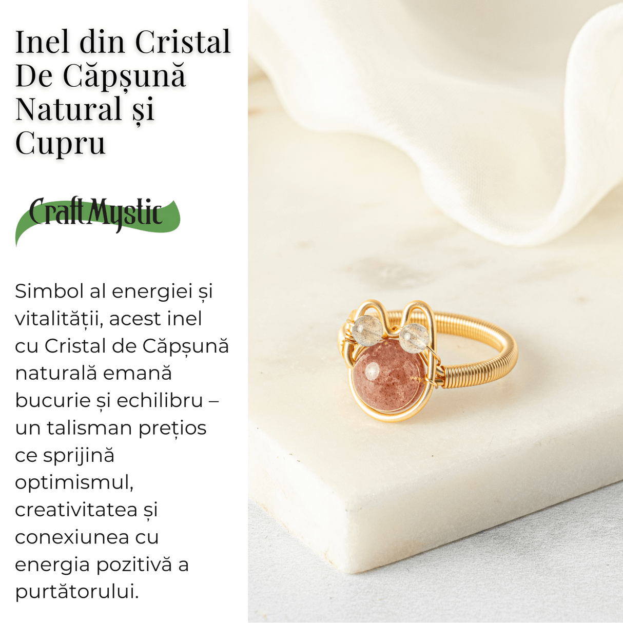 Inel cu Cristal de Capsuna Natural si Cupru - Simbol al Vitalitatii si Bucuriei Interioare