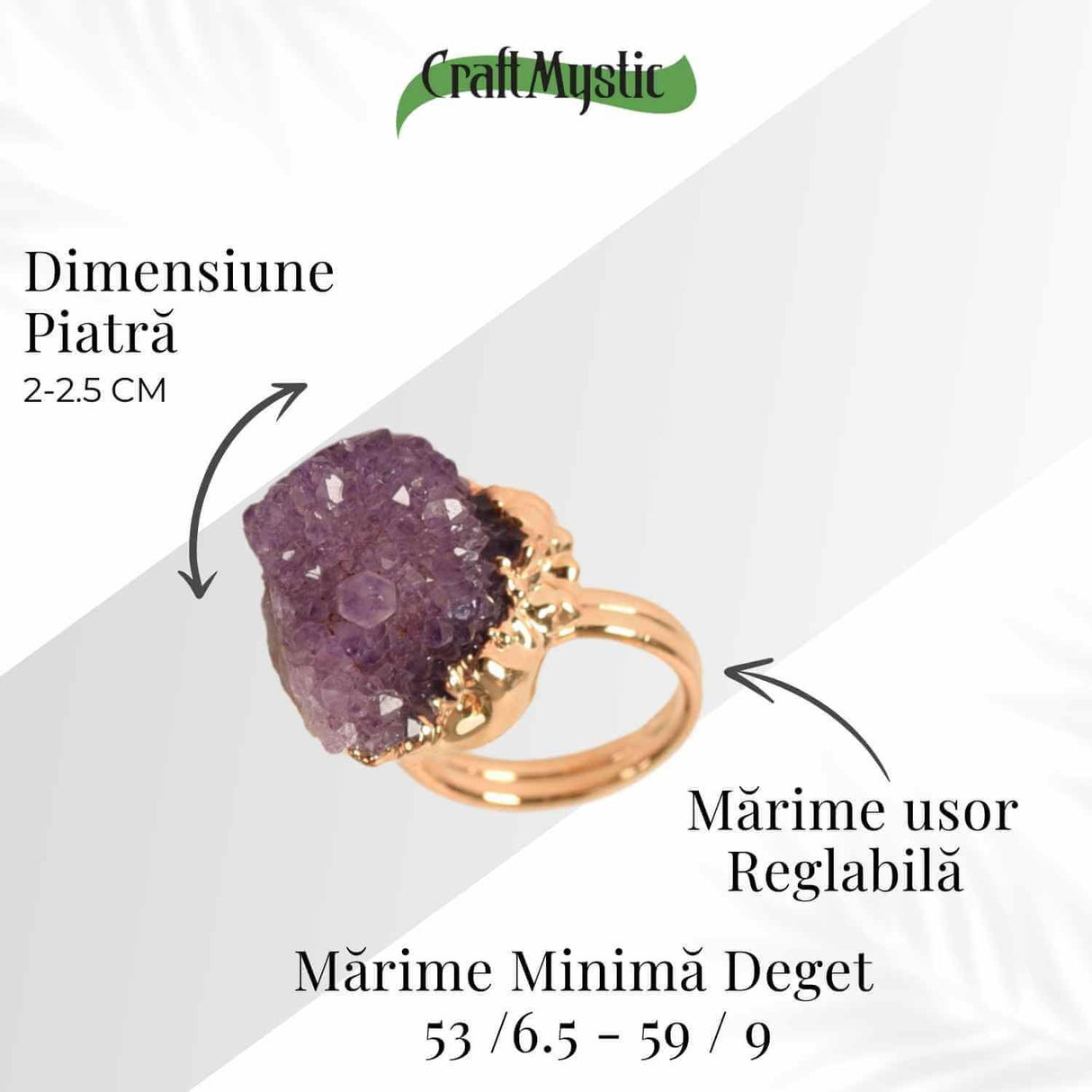 Inel usor Reglabil Auriu cu Ametist Natural Brut - Claritate Mentala si Protectie Energetica