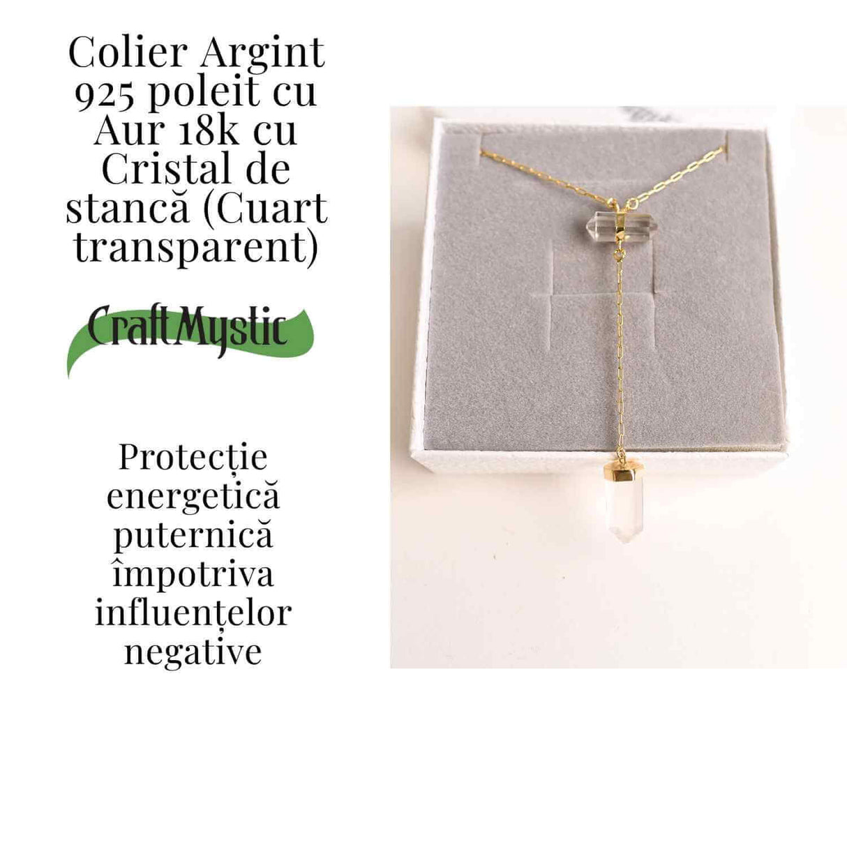 Colier Turnulet din Dublu Cuart de Stanca - Claritate Mentala si Protectie Energetica - Argint 925 Placat cu Aur 18K