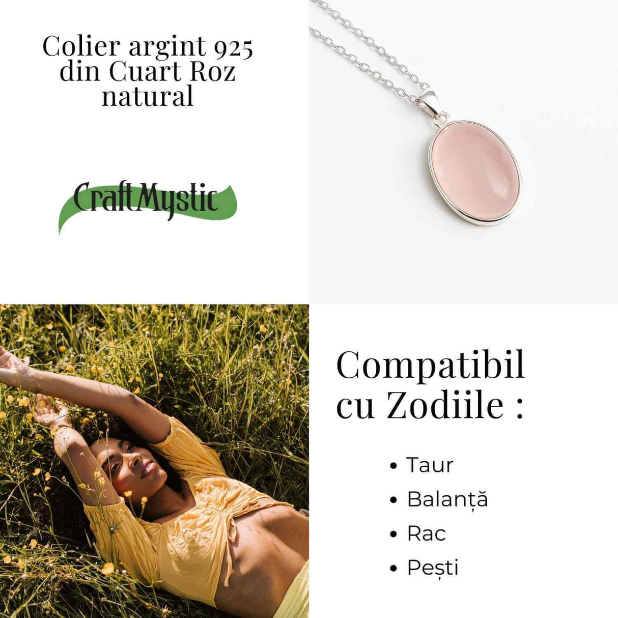 Colier montura argint 925 cu piatra naturala de Cuart Roz - Echilibru si iubire profunda