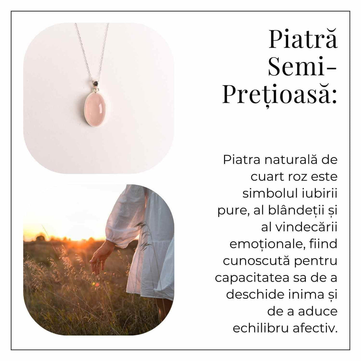 Colier montura argint 925 si piatra naturala din Cuart Roz oval - Vindecare emotionala