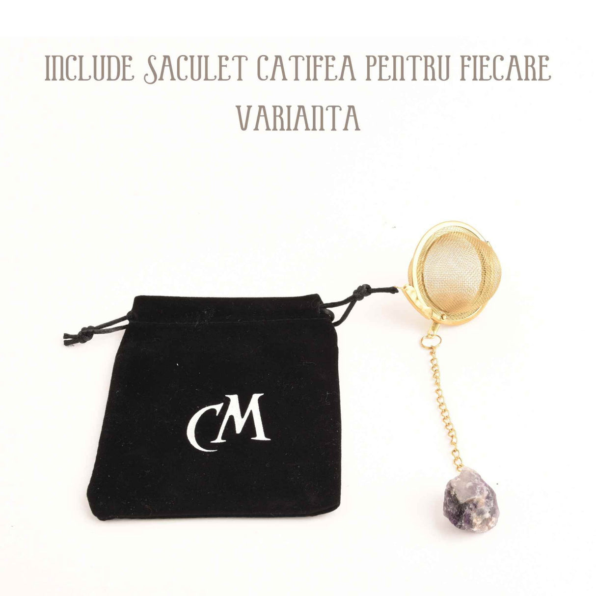 Infuzor ceai din otel inox cu piatra semipretioasa Ametist de 2 cm - Cristale vindecatoare tematica feng shui