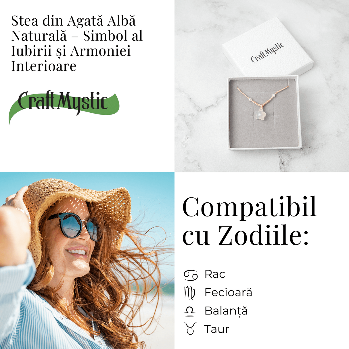 Pace si Armonie - Colier Stea din Agata Alba Natural