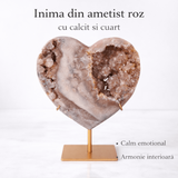 Inima din ametist roz cu calcit si cuart – geoda naturala sculptata manual in Brazilia 1.575 kg