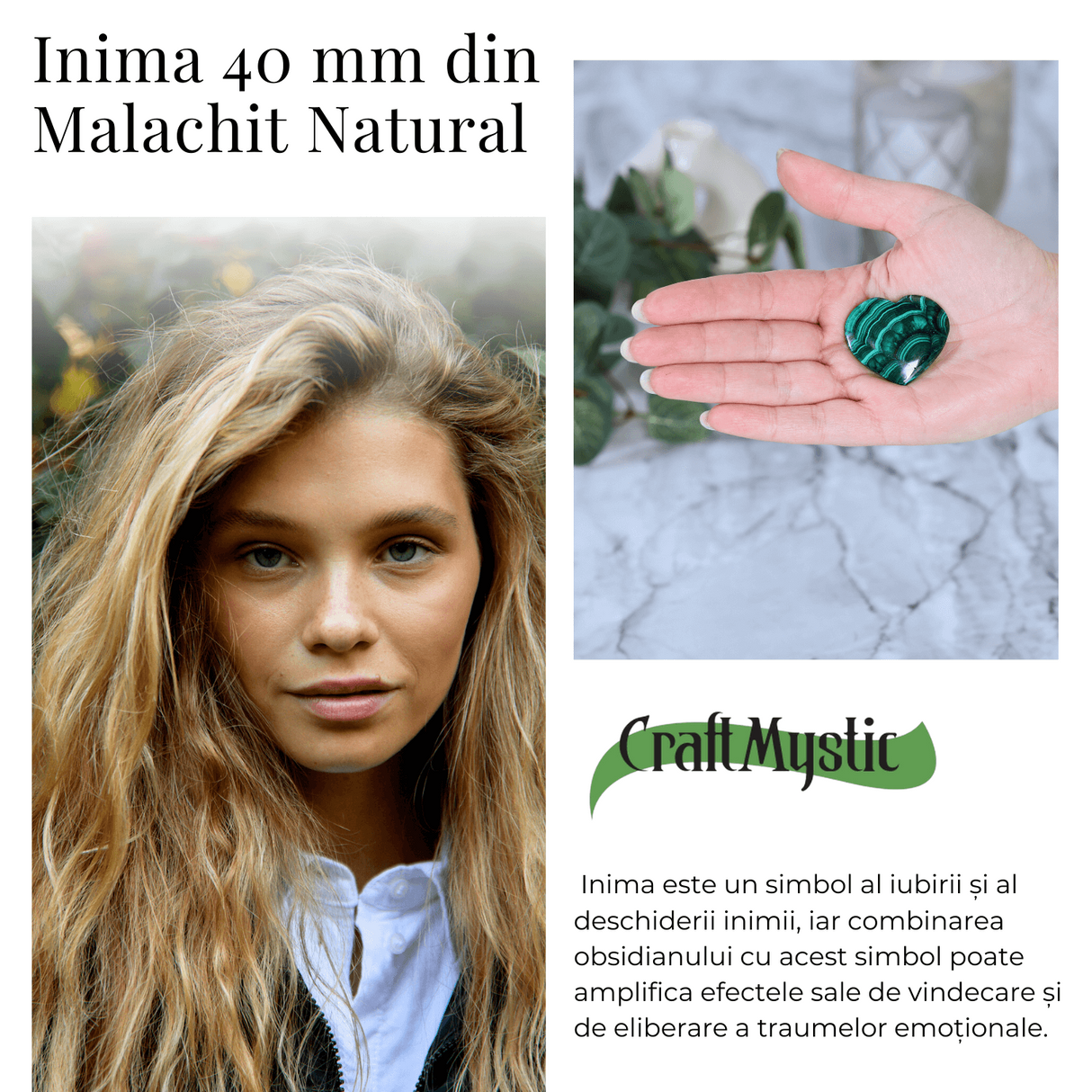 Inima de Malachit Natural 40mm - Puterea Vindecătoare la Îndemâna Ta