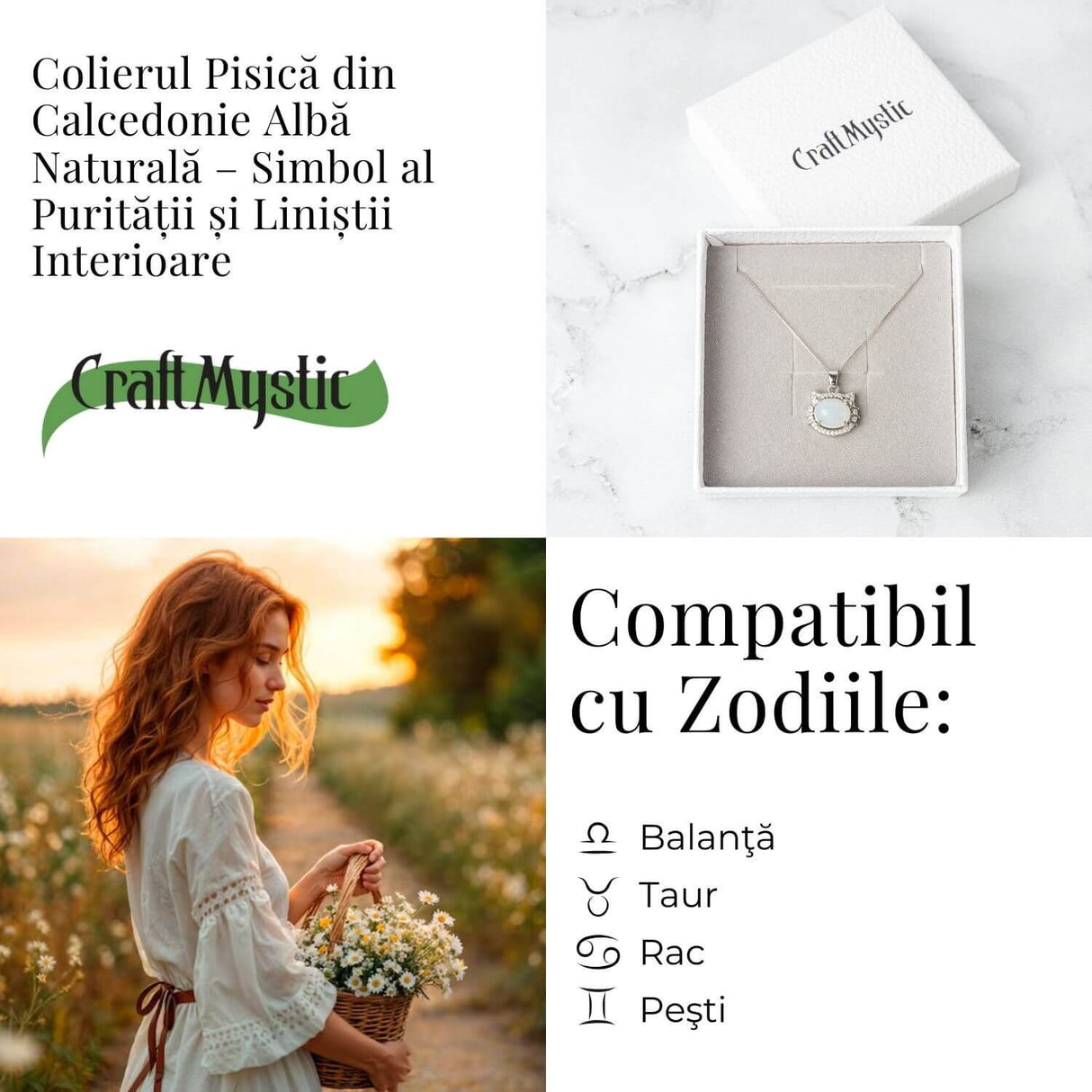 Puritate si Armonie -Colier pisica din calcedonie alba naturala cu lant din argint 925