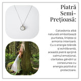 Puritate si Armonie -Colier pisica din calcedonie alba naturala cu lant din argint 925