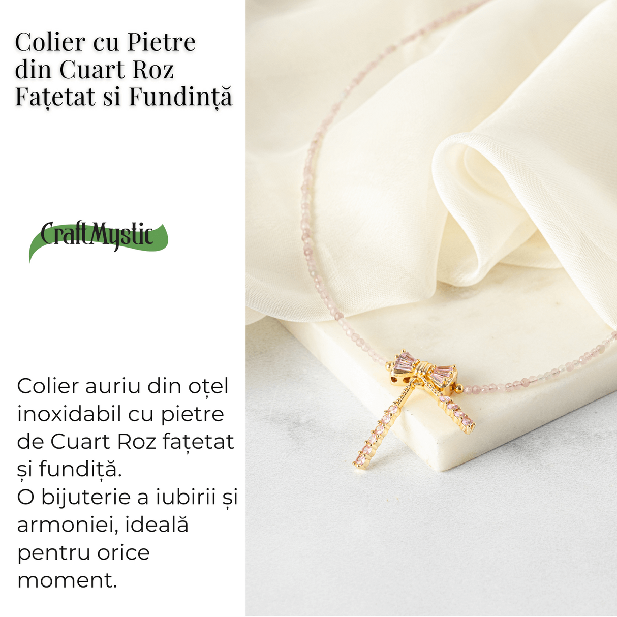 Iubire si Delicatețe - Colier din Cuart Roz Fatetat cu Fundita