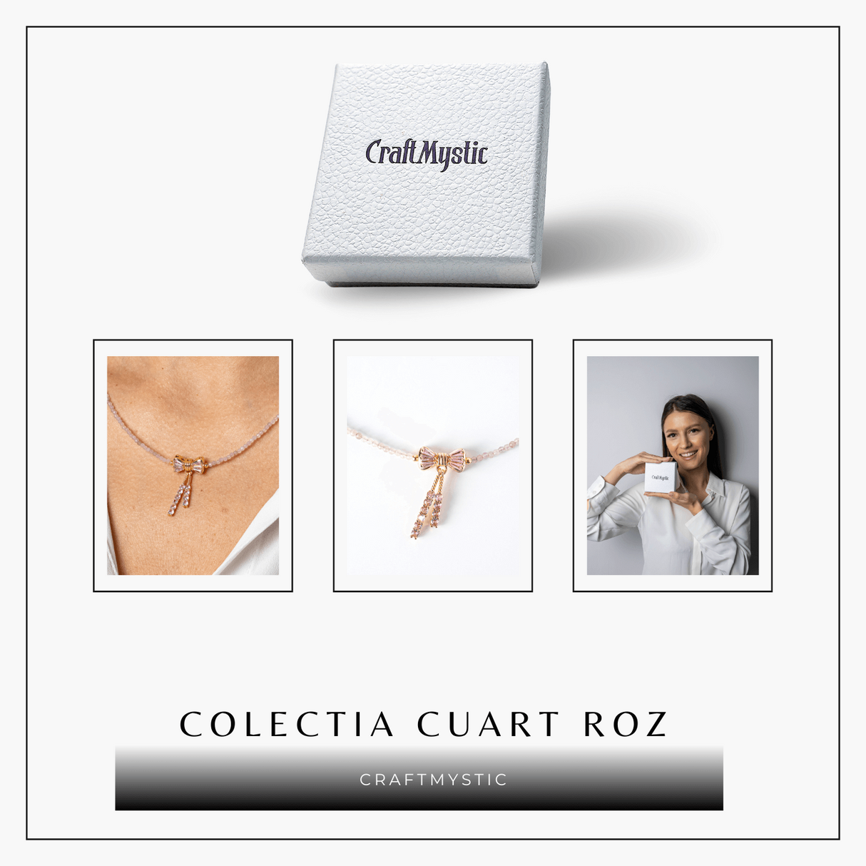 Iubire si Delicatețe - Colier din Cuart Roz Fatetat cu Fundita