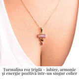 Iubire si Armonie Interioara - Colier inox si pandantiv argint 925 placat cu aur de18k si Triplu Turmalina Roz