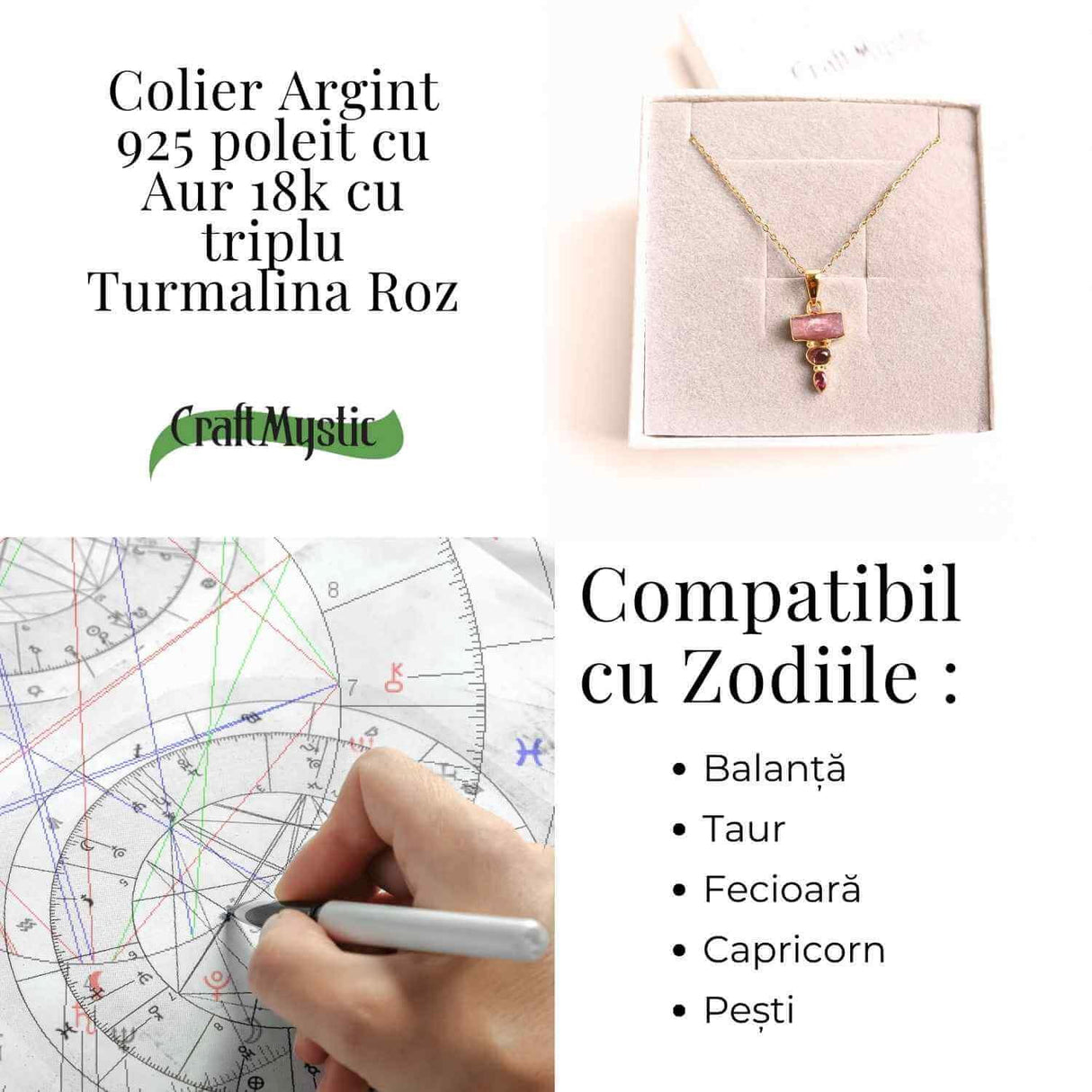 Iubire si Armonie Interioara - Colier inox si pandantiv argint 925 placat cu aur de18k si Triplu Turmalina Roz