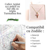 Iubire si Armonie Interioara - Colier inox si pandantiv argint 925 placat cu aur de18k si Triplu Turmalina Roz