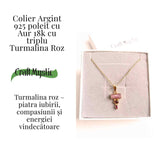 Iubire si Armonie Interioara - Colier inox si pandantiv argint 925 placat cu aur de18k si Triplu Turmalina Roz