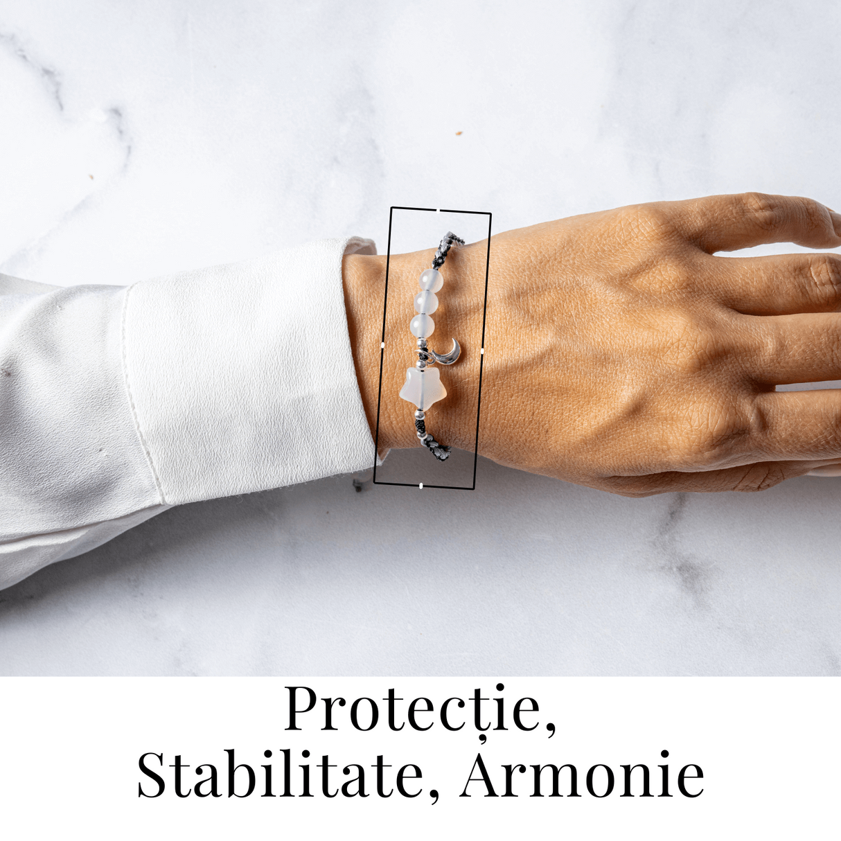 Bratara ajustabila cu stea si semiluna din Agat gri natural - Talisman al protectiei si echilibrului