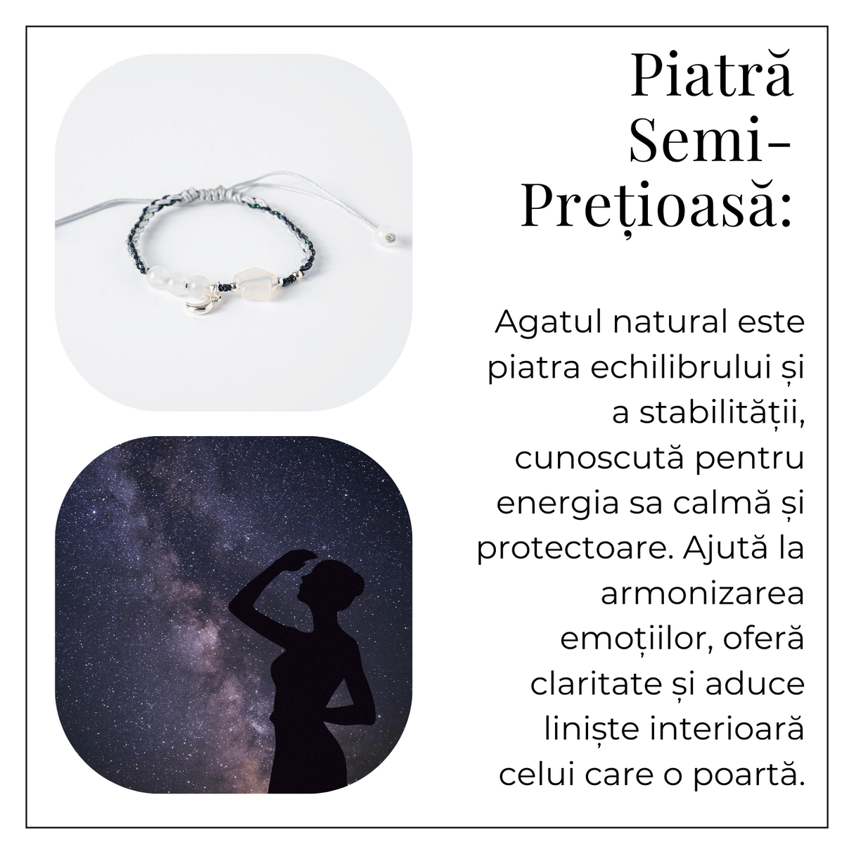 Bratara ajustabila cu stea si semiluna din Agat gri natural - Talisman al protectiei si echilibrului