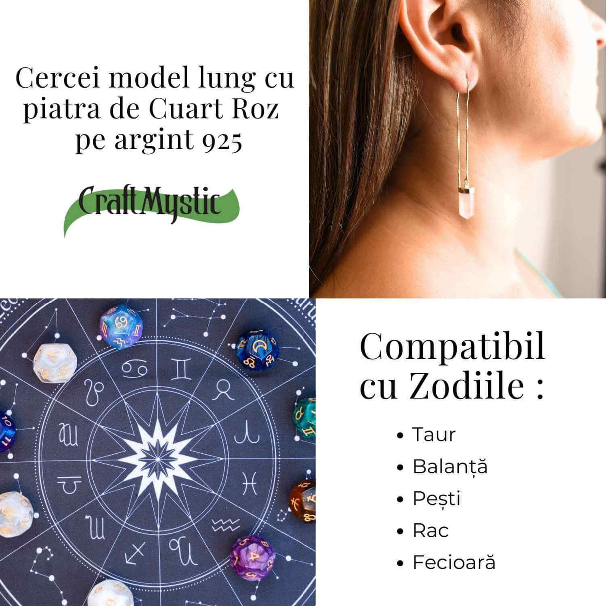 Armonie si Iubire - Cercei din Argint 925 cu Cuart Roz Natural