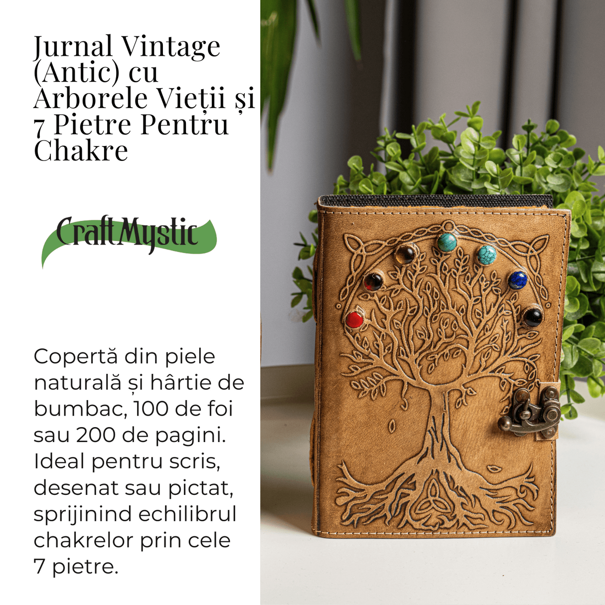 Jurnal Vintage maro cu Arborele Vietii si 7 Chakre - Piele Naturala