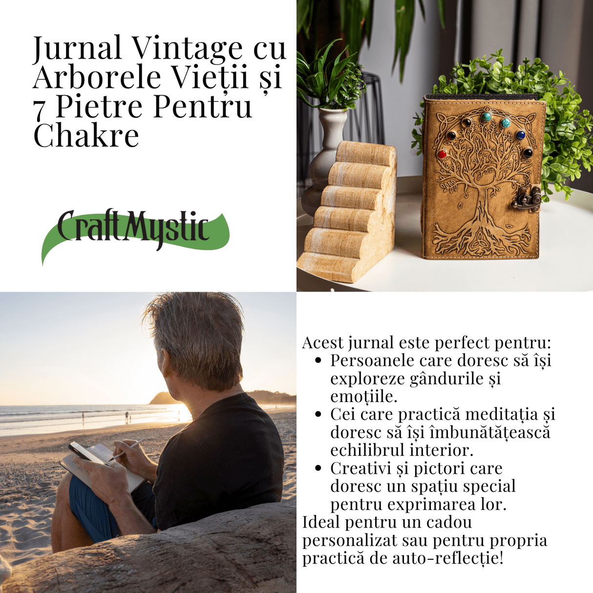 Jurnal Vintage maro cu Arborele Vietii si 7 Chakre - Piele Naturala