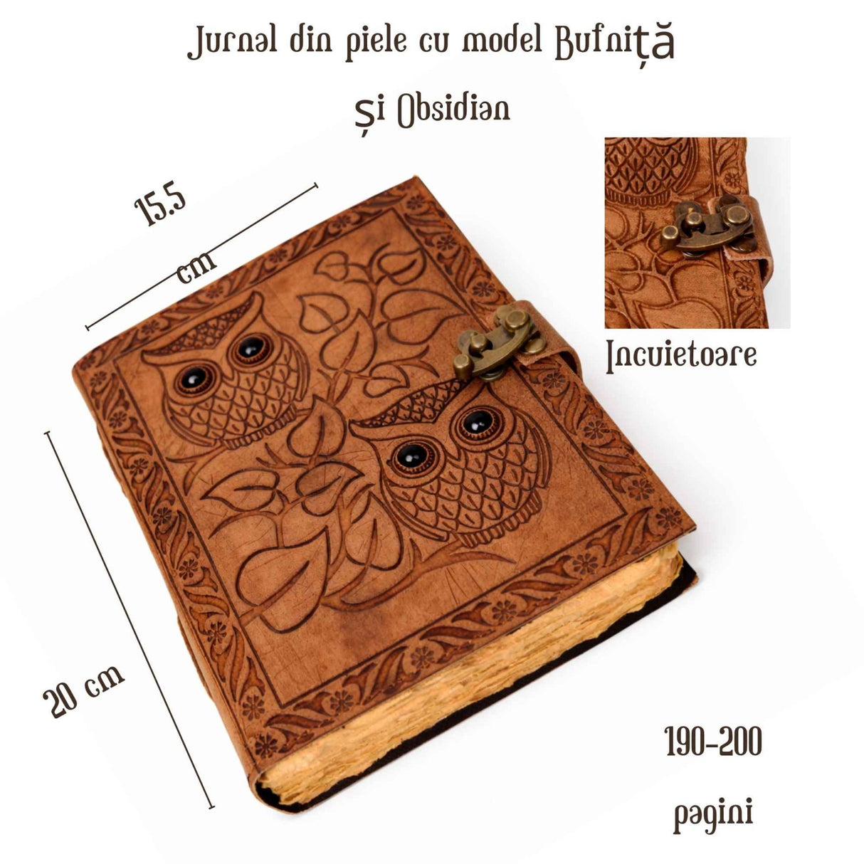 Jurnal din piele naturala cu Bufnita si Obsidian 20x15 cm – Protectie si Claritate Interioara