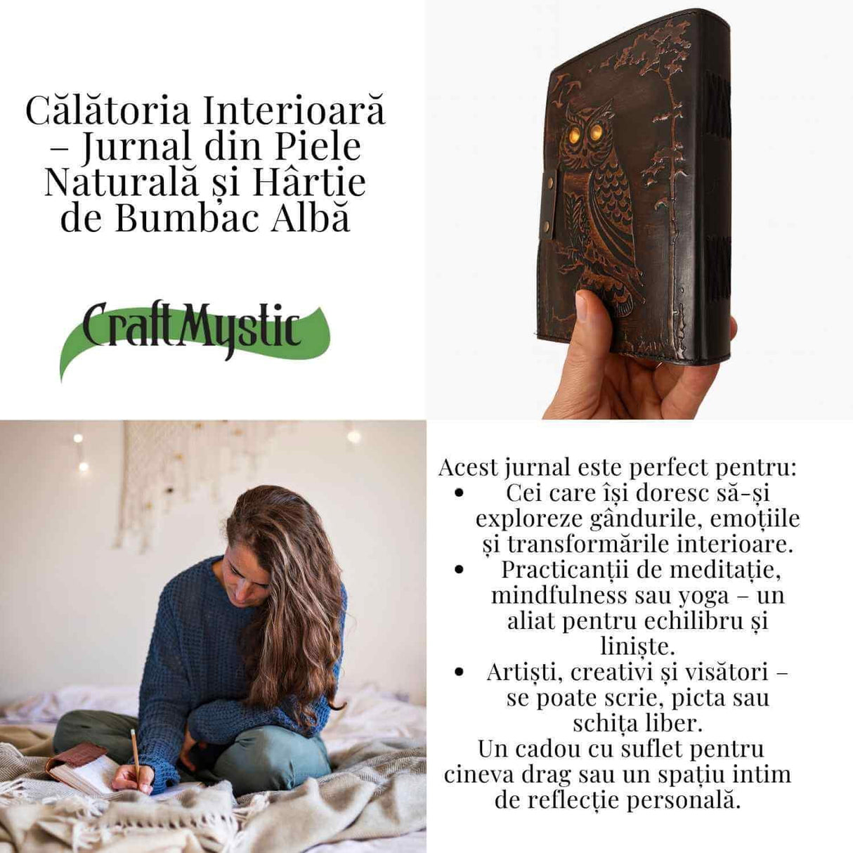 Jurnal din Piele Naturala cu Bufnita si Piatra Decorativa Galbena