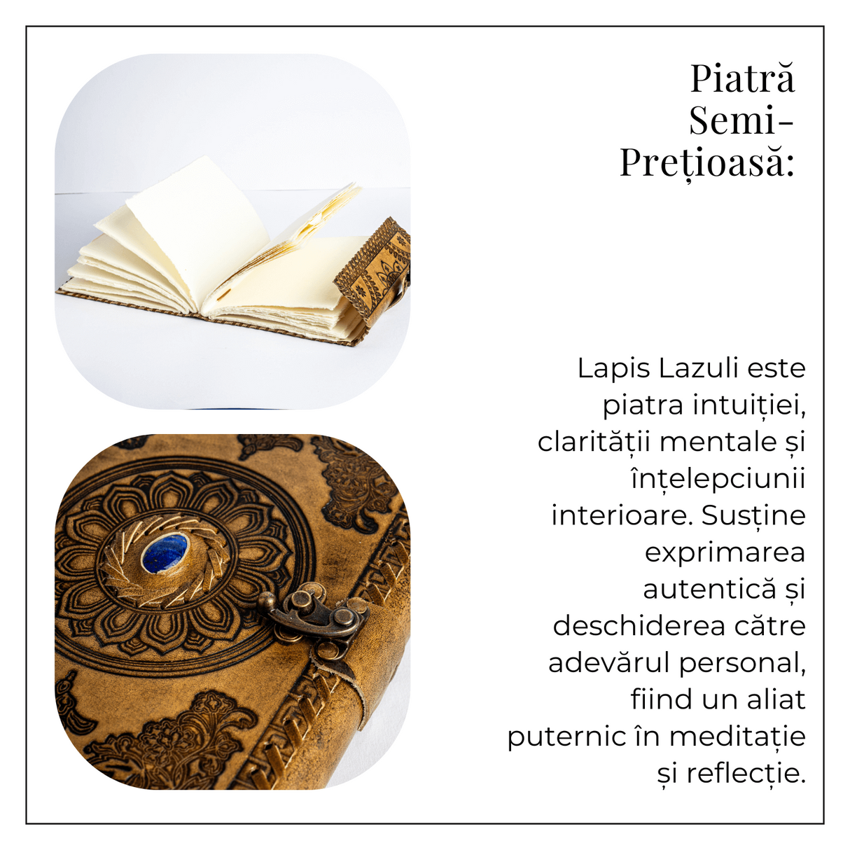 Jurnal din piela naturala autentic cu coperta gravata si piatra naturala Lapis Lazuli si hartie bumbac alba