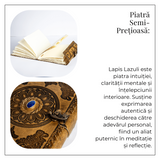 Jurnal din piela naturala autentic cu coperta gravata si piatra naturala Lapis Lazuli si hartie bumbac alba