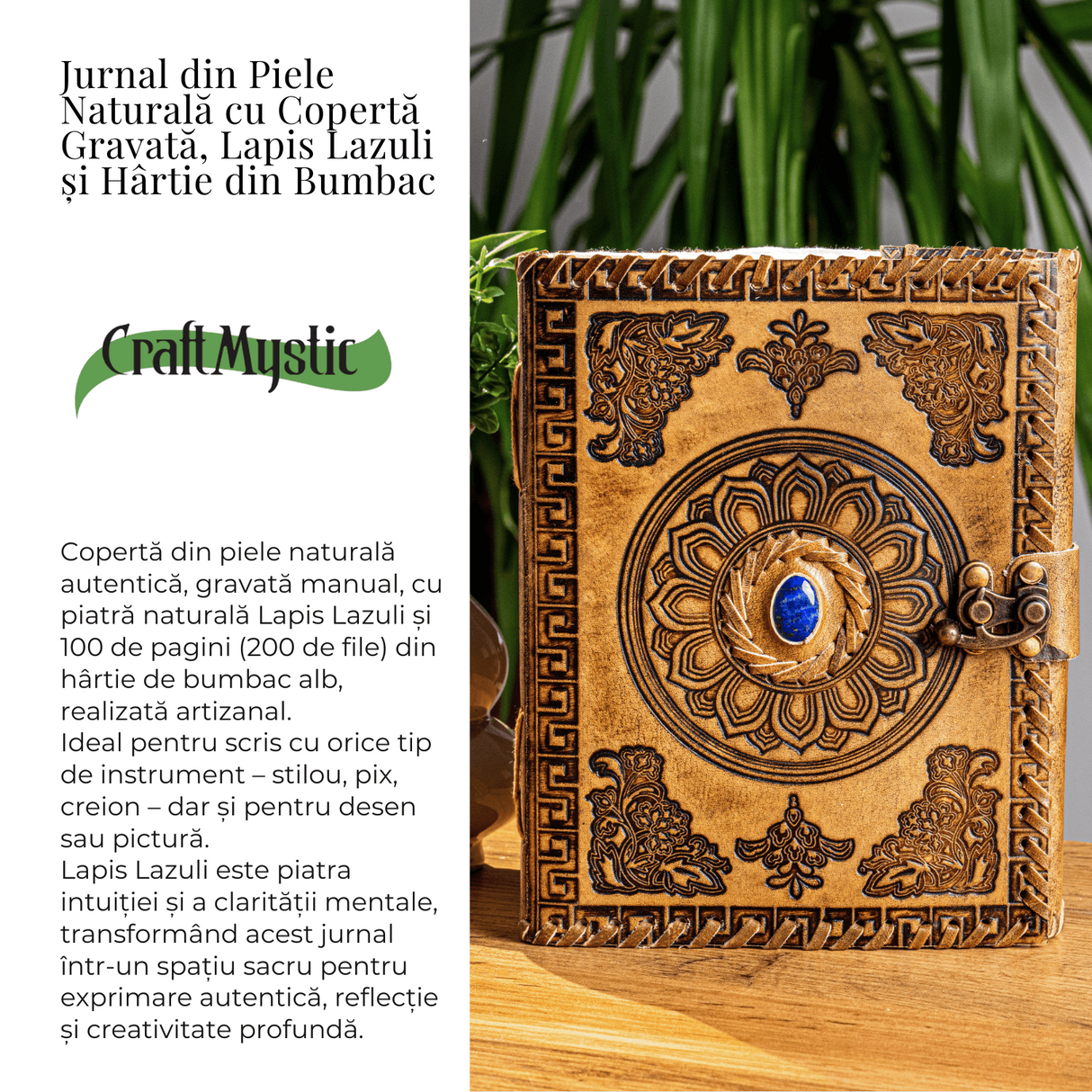 Jurnal din piela naturala autentic cu coperta gravata si piatra naturala Lapis Lazuli si hartie bumbac alba