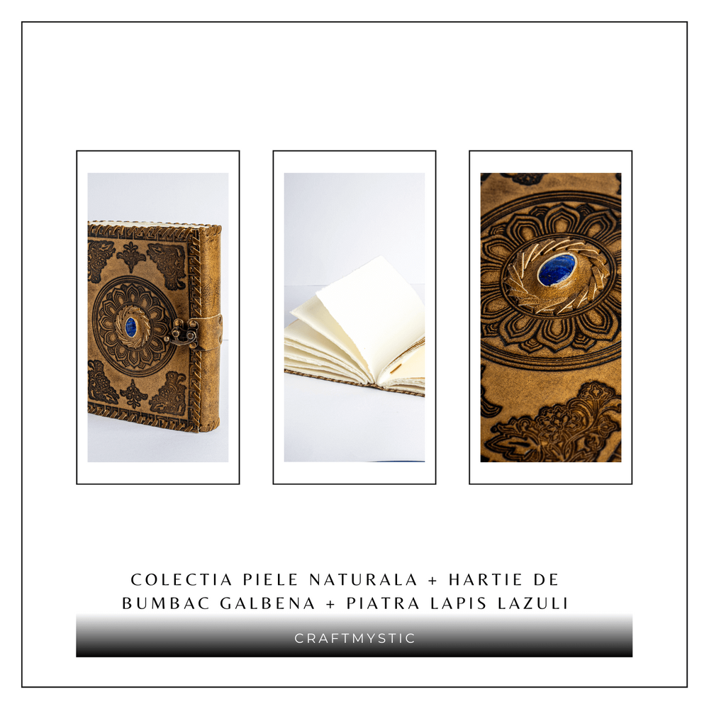 Jurnal din piela naturala autentic cu coperta gravata si piatra naturala Lapis Lazuli si hartie bumbac alba